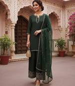women green silk blend solid embroidered straight kurta palazzos with dupatta