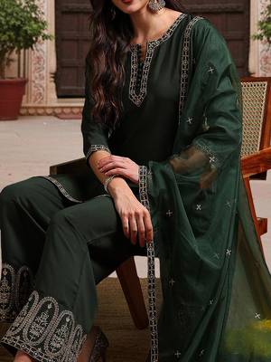 women green silk blend solid embroidered straight kurta palazzos with dupatta 2