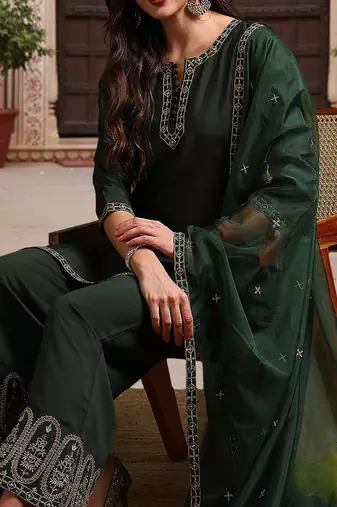 women green silk blend solid embroidered straight kurta palazzos with dupatta
