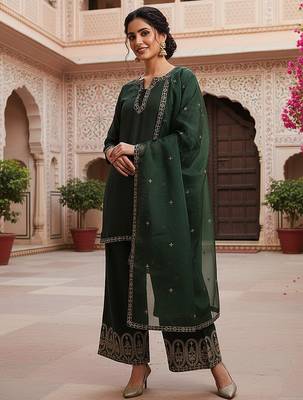 women green silk blend solid embroidered straight kurta palazzos with dupatta 3