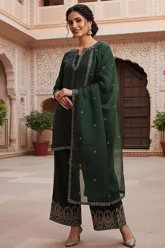 women green silk blend solid embroidered straight kurta palazzos with dupatta