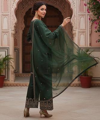 women green silk blend solid embroidered straight kurta palazzos with dupatta 4