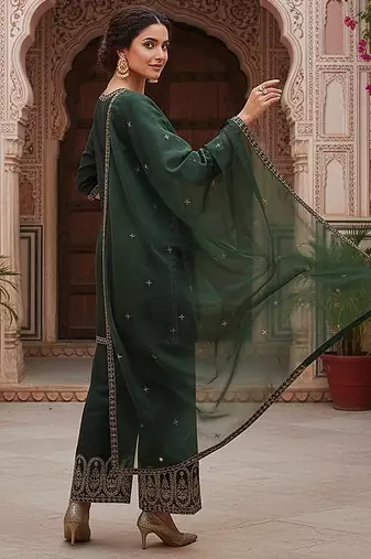 women green silk blend solid embroidered straight kurta palazzos with dupatta