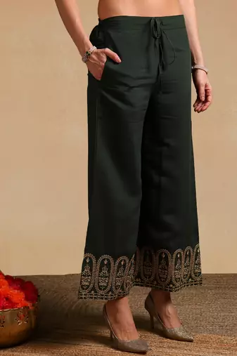 women green silk blend solid embroidered straight kurta palazzos with dupatta