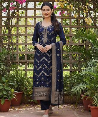 women navy blue silk blend ethnic motifs woven design straight kurta trousers with dupatta 1