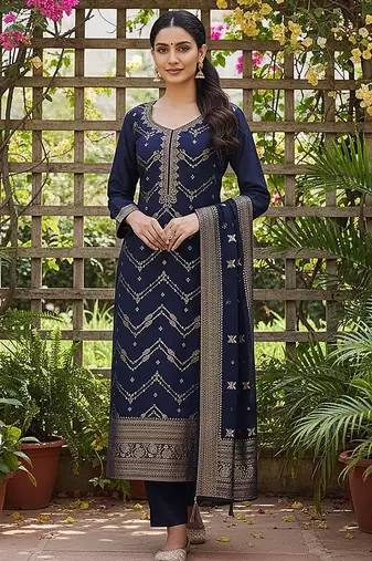 women navy blue silk blend ethnic motifs woven design straight kurta trousers with dupatta