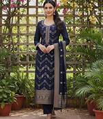 women navy blue silk blend ethnic motifs woven design straight kurta trousers with dupatta