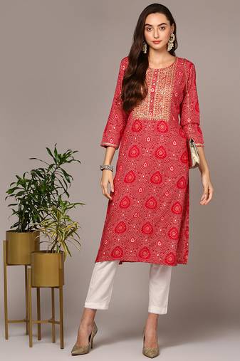 Women pink printed rayon ethnic kurti