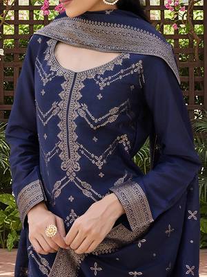 women navy blue silk blend ethnic motifs woven design straight kurta trousers with dupatta 2