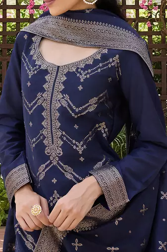 women navy blue silk blend ethnic motifs woven design straight kurta trousers with dupatta