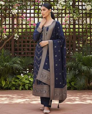 women navy blue silk blend ethnic motifs woven design straight kurta trousers with dupatta 3