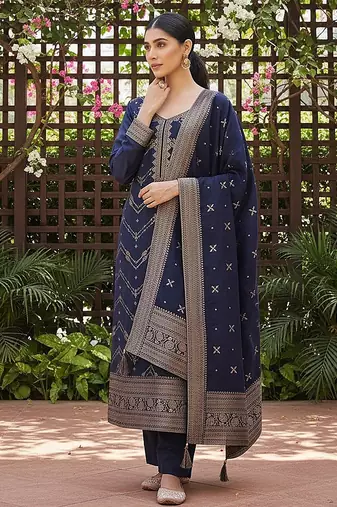 women navy blue silk blend ethnic motifs woven design straight kurta trousers with dupatta