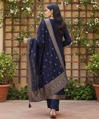 women navy blue silk blend ethnic motifs woven design straight kurta trousers with dupatta 4