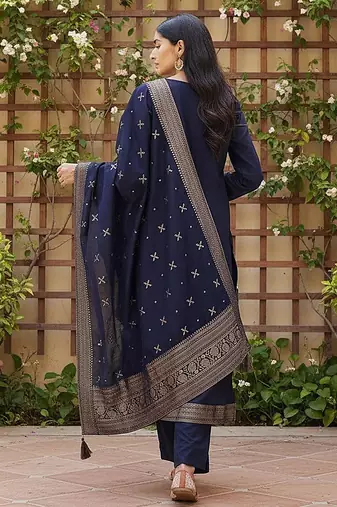 women navy blue silk blend ethnic motifs woven design straight kurta trousers with dupatta