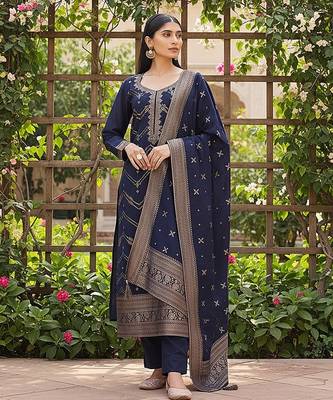 women navy blue silk blend ethnic motifs woven design straight kurta trousers with dupatta 5