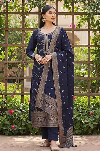 women navy blue silk blend ethnic motifs woven design straight kurta trousers with dupatta
