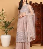 women nude net ethnic motifs embroidered straight kurta sharara with dupatta