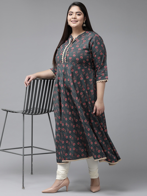 Women'S Plus Size Floral Printed Anarkali Kurti (Grey) 5