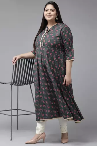 Women'S Plus Size Floral Printed Anarkali Kurti (Grey)
