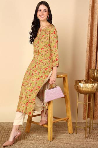 Women yellow printed rayon ethnic kurti