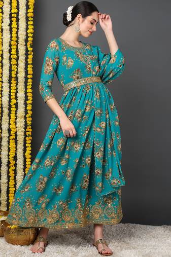 women green georgette floral embroidered anarkali kurta trousers with dupatta