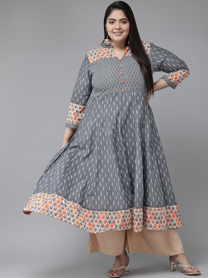 Women'S Plus Size Ikat Printed Anarkali Kurti (Grey) 1