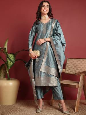 women teal silk blend ethnic motifs woven design straight kurta trousers with dupatta 1
