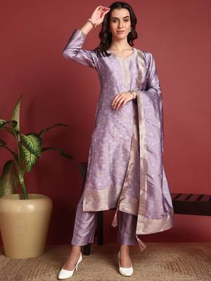 Lavender Polyester Woven Work Salwar Kameez 1