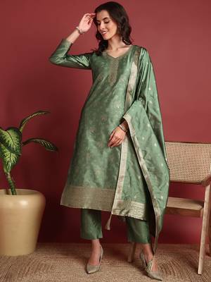 women green silk blend ethnic motifs woven design straight kurta trousers with dupatta 1