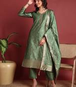 women green silk blend ethnic motifs woven design straight kurta trousers with dupatta