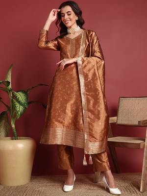 women brown silk blend ethnic motifs woven design straight kurta trousers with dupatta 1