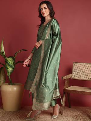 women green silk blend ethnic motifs woven design straight kurta trousers with dupatta 2