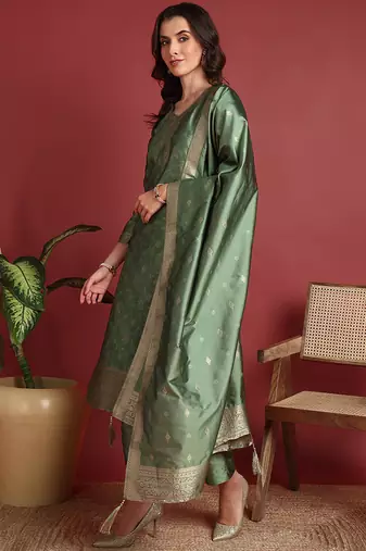 women green silk blend ethnic motifs woven design straight kurta trousers with dupatta