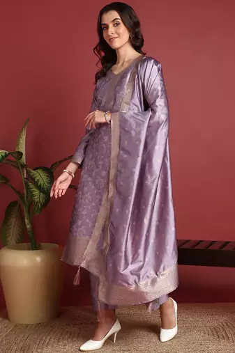 Lavender Polyester Woven Work Salwar Kameez