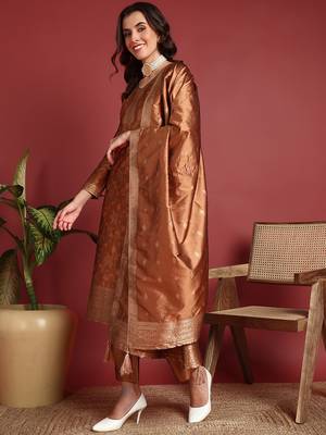 women brown silk blend ethnic motifs woven design straight kurta trousers with dupatta 2