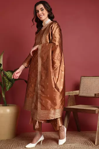 women brown silk blend ethnic motifs woven design straight kurta trousers with dupatta