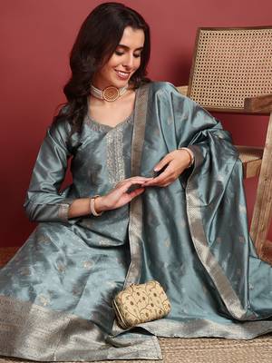 women teal silk blend ethnic motifs woven design straight kurta trousers with dupatta 2