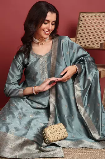 women teal silk blend ethnic motifs woven design straight kurta trousers with dupatta