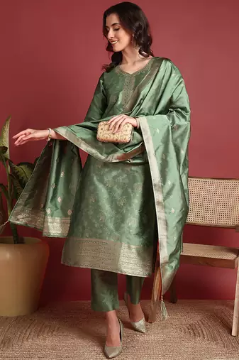 women green silk blend ethnic motifs woven design straight kurta trousers with dupatta