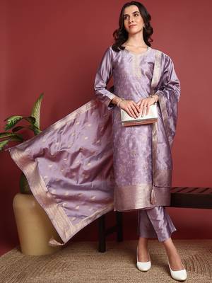 Lavender Polyester Woven Work Salwar Kameez 3