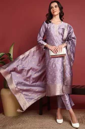 Lavender Polyester Woven Work Salwar Kameez
