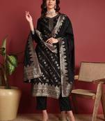 women black silk blend ethnic motifs woven design straight kurta trousers with dupatta