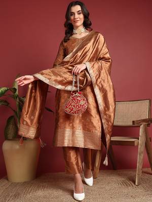 women brown silk blend ethnic motifs woven design straight kurta trousers with dupatta 3