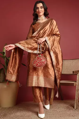 women brown silk blend ethnic motifs woven design straight kurta trousers with dupatta