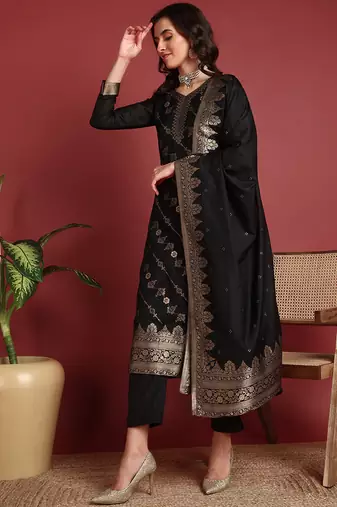 women black silk blend ethnic motifs woven design straight kurta trousers with dupatta
