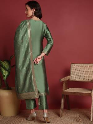 women green silk blend ethnic motifs woven design straight kurta trousers with dupatta 4