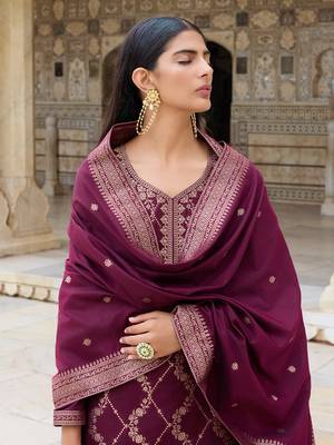 Ahika women burgundy silk blend ethnic motifs woven design straight kurta trousers with dupatta 1