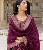 Ahika women burgundy silk blend ethnic motifs woven design straight kurta trousers with dupatta