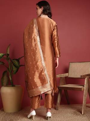 women brown silk blend ethnic motifs woven design straight kurta trousers with dupatta 4