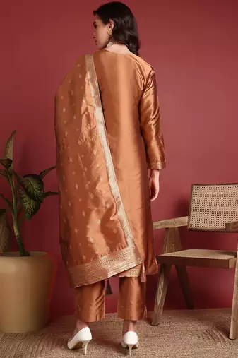 women brown silk blend ethnic motifs woven design straight kurta trousers with dupatta